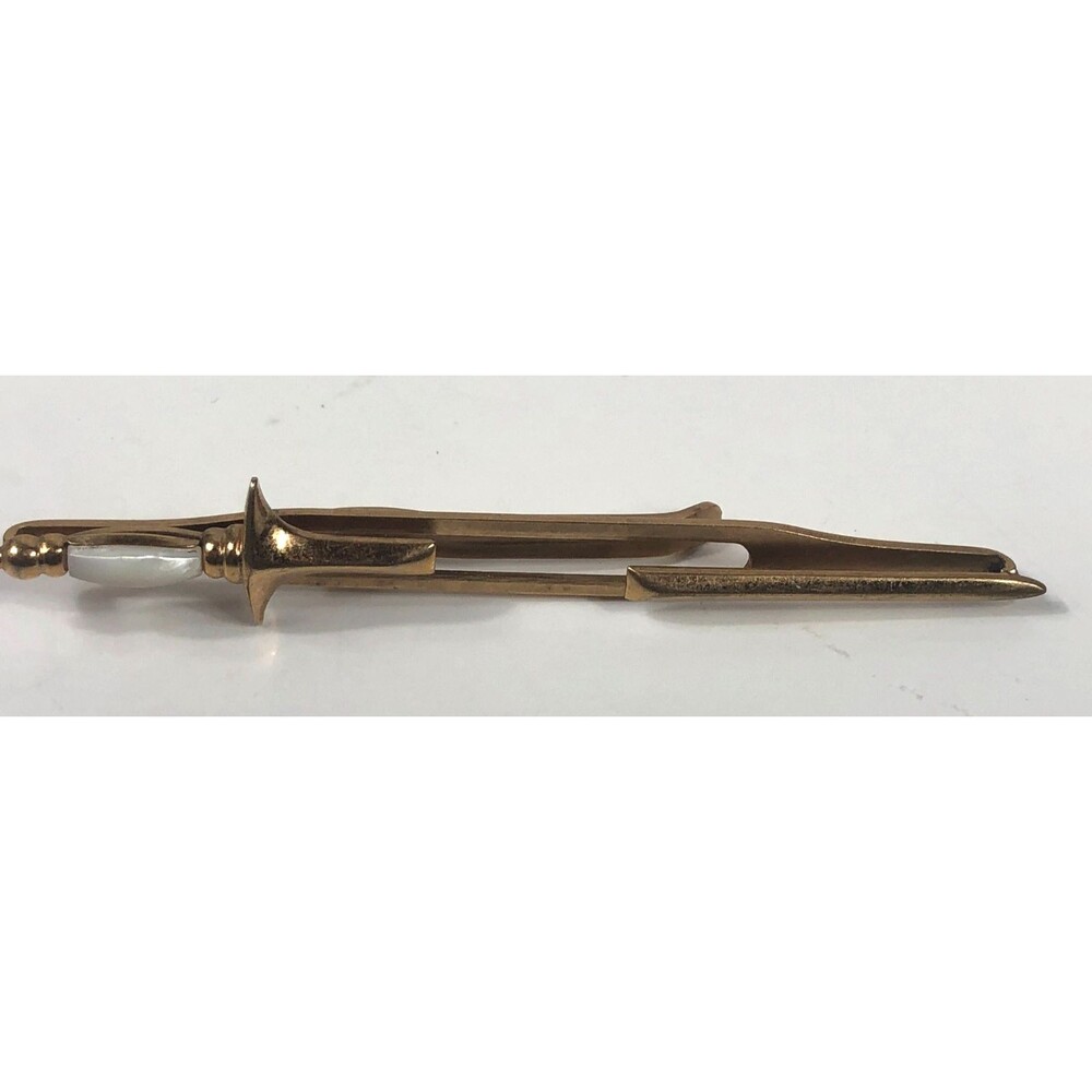 Vintage SWANK Sword Dagger Tie Clip Bar Gold Tone Mother of Pearl Handle Unique - Picture 4 of 9
